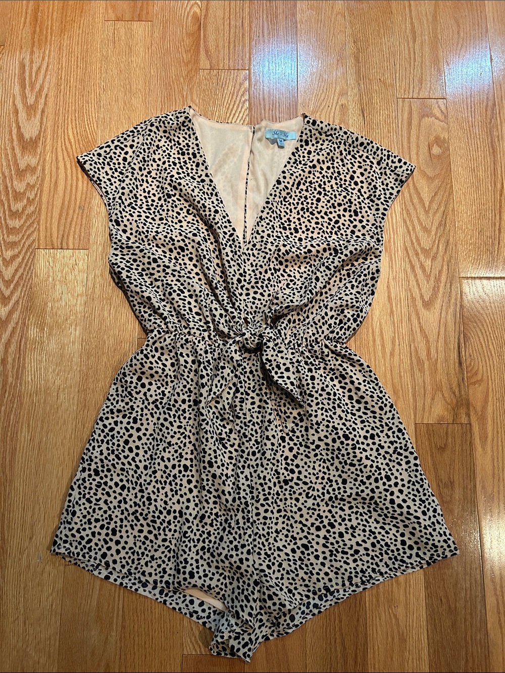 She + Sky Beige and Black Spotted Tie-Front Lined Romper Open Back